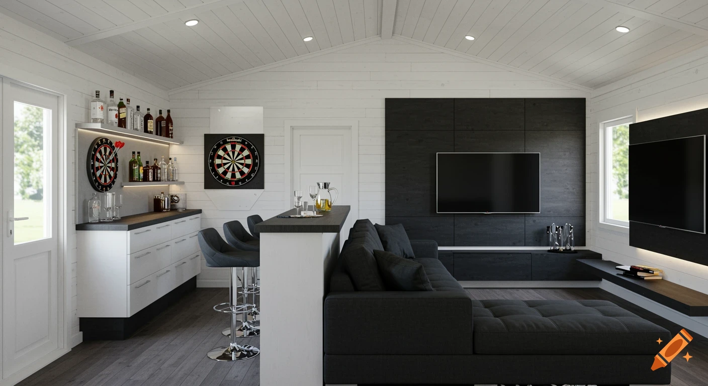 A modern summerhouse interior featuring a black sectional sofa facing a large TV, and a white and grey bar area with two dartboards.