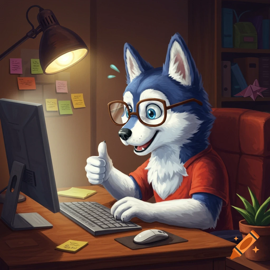 A cartoon husky wearing glasses gives a thumbs up while typing on a computer at a desk in a bright, illustrative style.