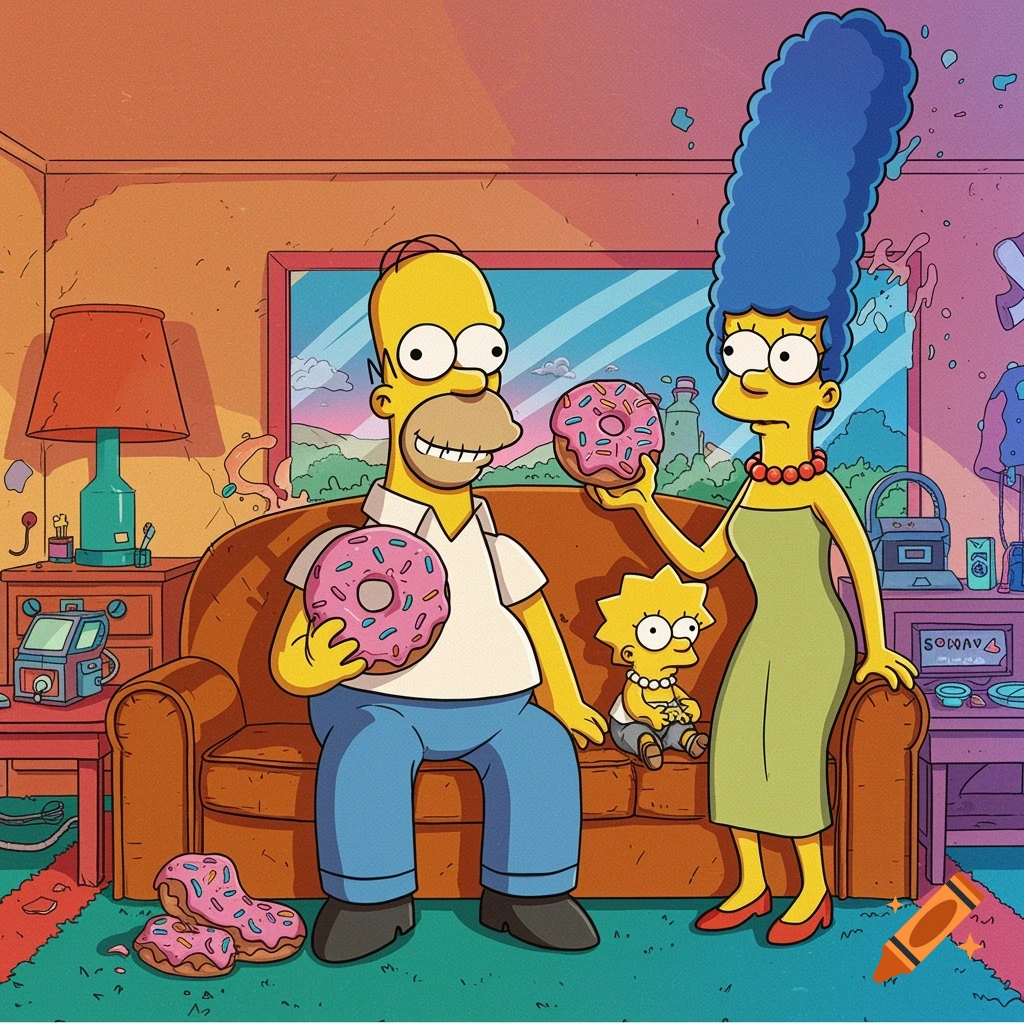 Homer, Marge, and Lisa Simpson in their living room, holding pink frosted donuts. Homer is seated, Marge is standing, and Lisa is sitting between them on the couch.