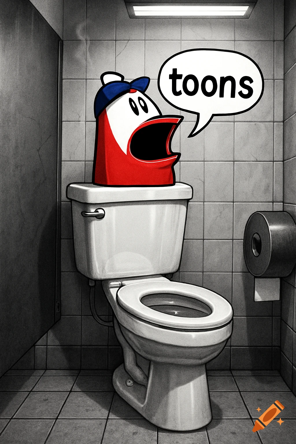A cartoon character with a red, white, and blue body and a baseball cap emerges from a toilet in a grimy bathroom stall, saying "toons" in a speech bubble.