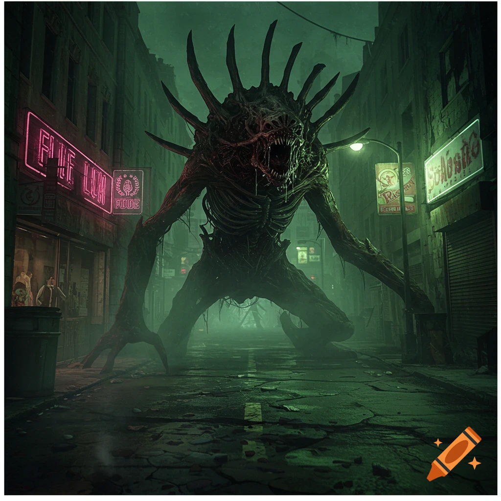 A monstrous, spiky creature with sharp teeth stands in a dark, wet city street at night, lit by neon signs.