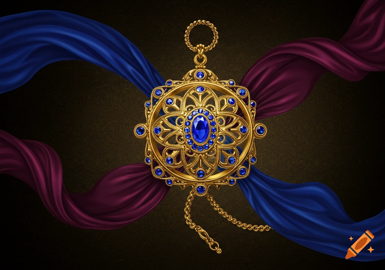 An ornate gold medallion adorned with blue jewels and chains, set against flowing blue and maroon fabric.
