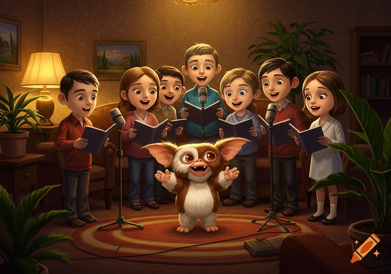 Gizmo from Gremlins sings with a group of people in a cozy living room, cartoon style.
