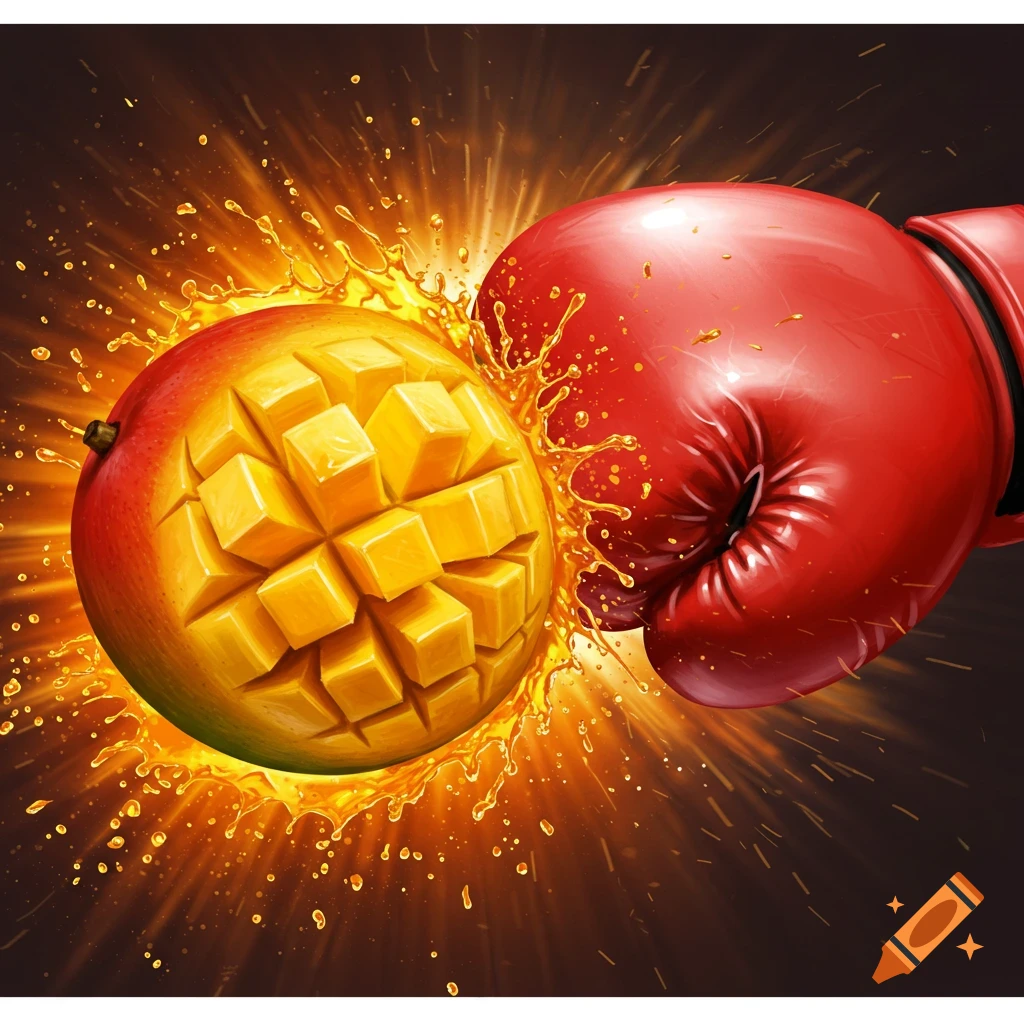 A red boxing glove powerfully strikes a sliced mango, causing a vibrant explosion of juice and light against a dark background.