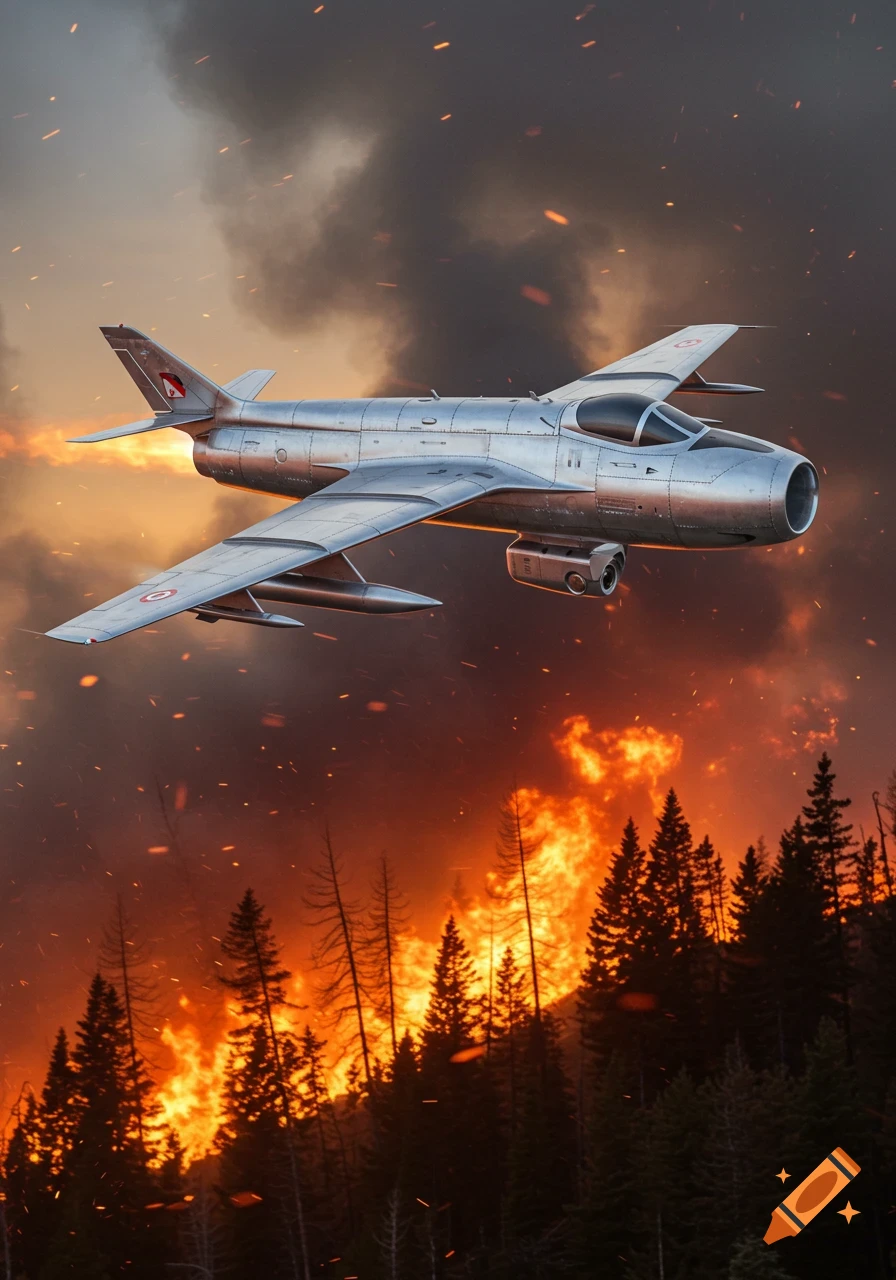 A silver jet aircraft flies low over a raging forest wildfire, with smoke filling the sky and sparks in the air.
