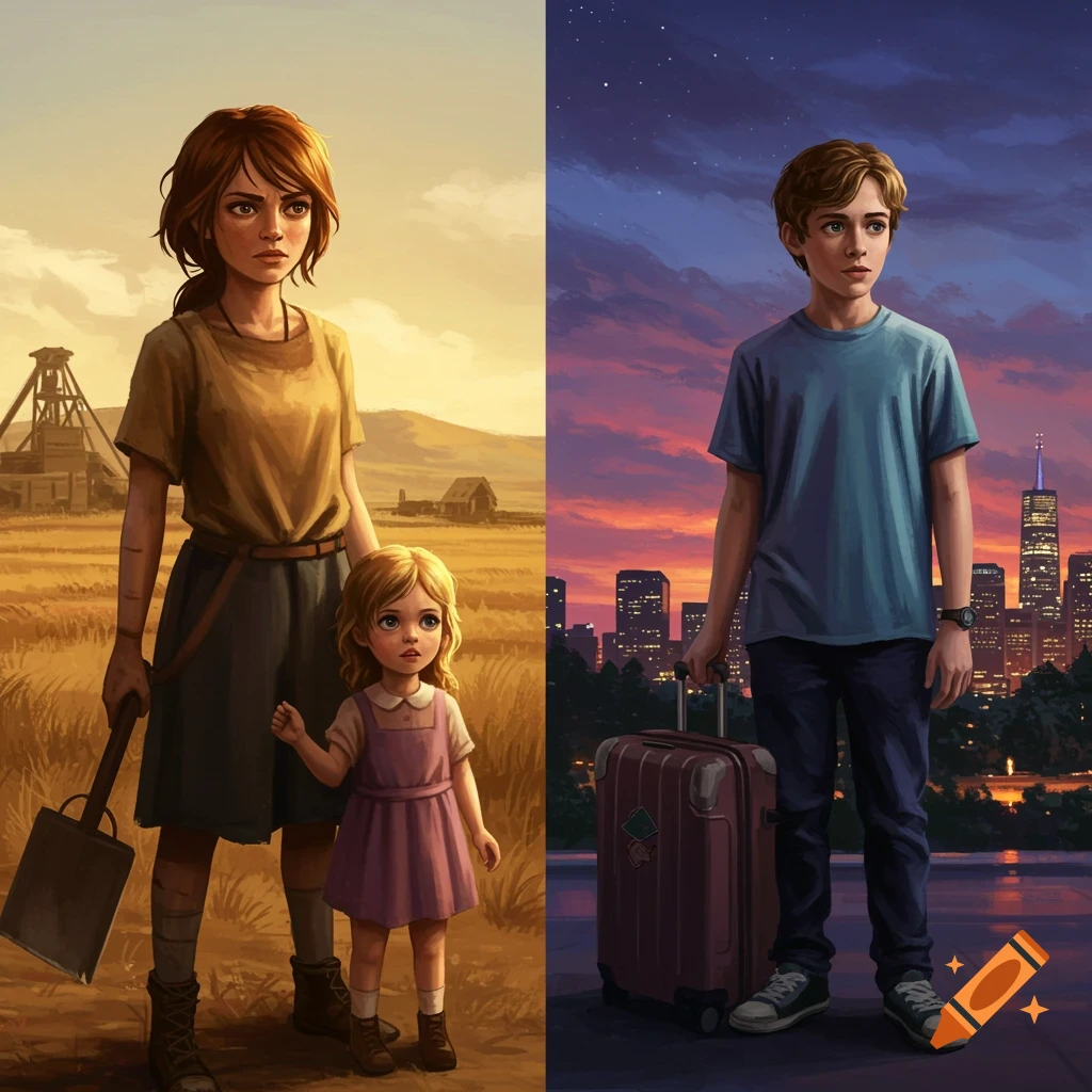 Split illustration: left, a woman and child in a rural field with a mine; right, a boy with a suitcase in front of a city at sunset.