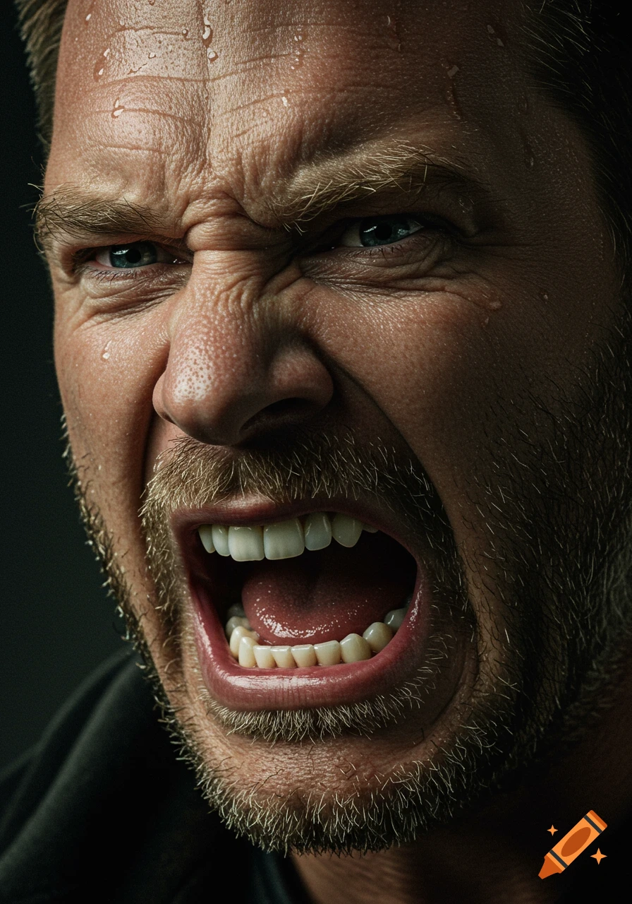Close-up photorealistic portrait of an angry, sweating man shouting with his mouth open, revealing teeth.