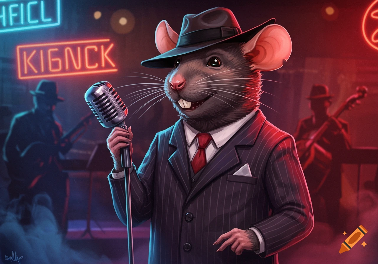 An anthropomorphic rat wearing a suit and fedora holds a microphone, singing on stage in a neon-lit jazz club, illustrated.