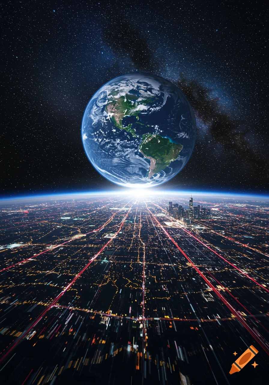 The Earth hovers above a glowing city at night, crisscrossed by red and yellow lines, set against a star-filled galaxy.