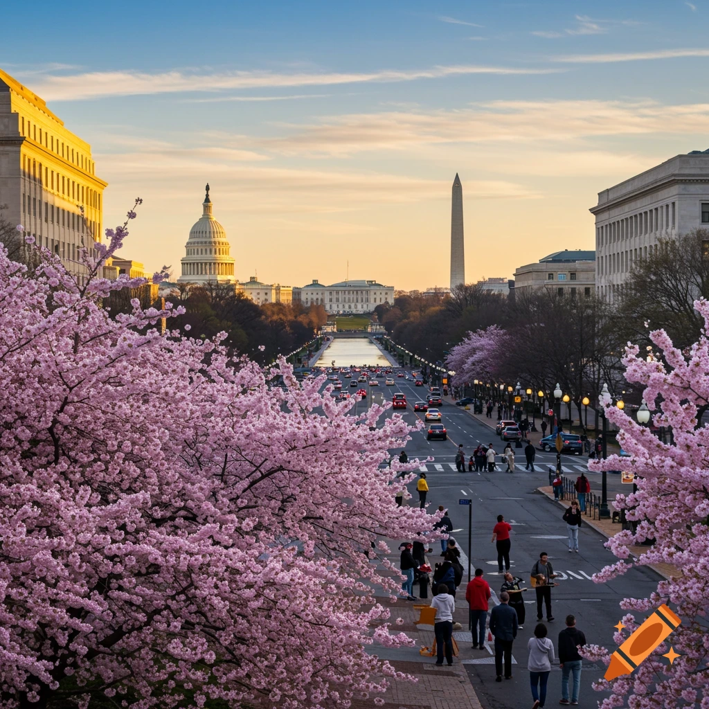 Photorealistic image of Washington D.C. during cherry blossom season, showing the Capitol Building, Washington Monument, and a busy street.