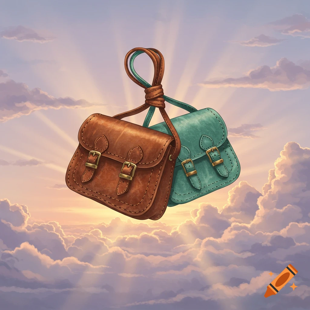 Two leather satchel-style bags, brown and teal, tied together, float amidst sunset clouds with sun rays.