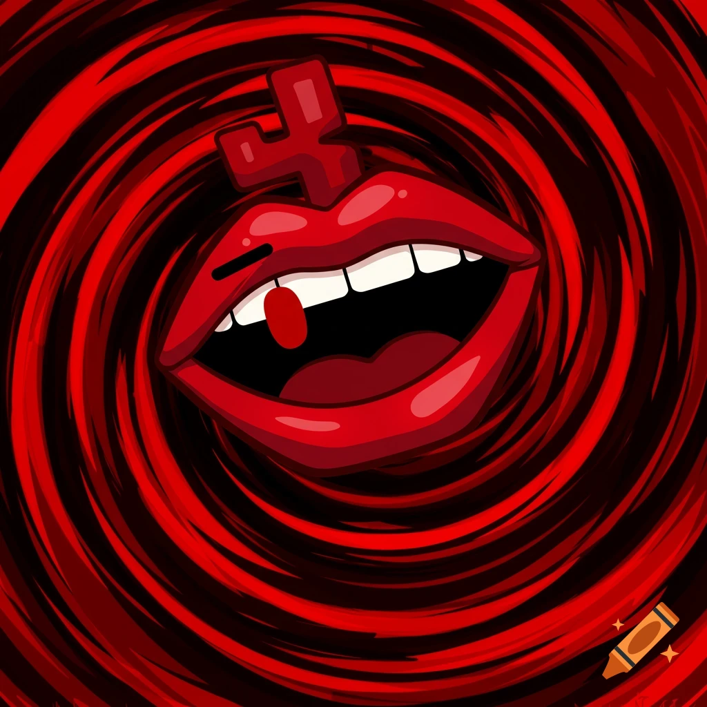 Stylized cartoon lips with a red droplet and a cross symbol, on a swirling black and red background.