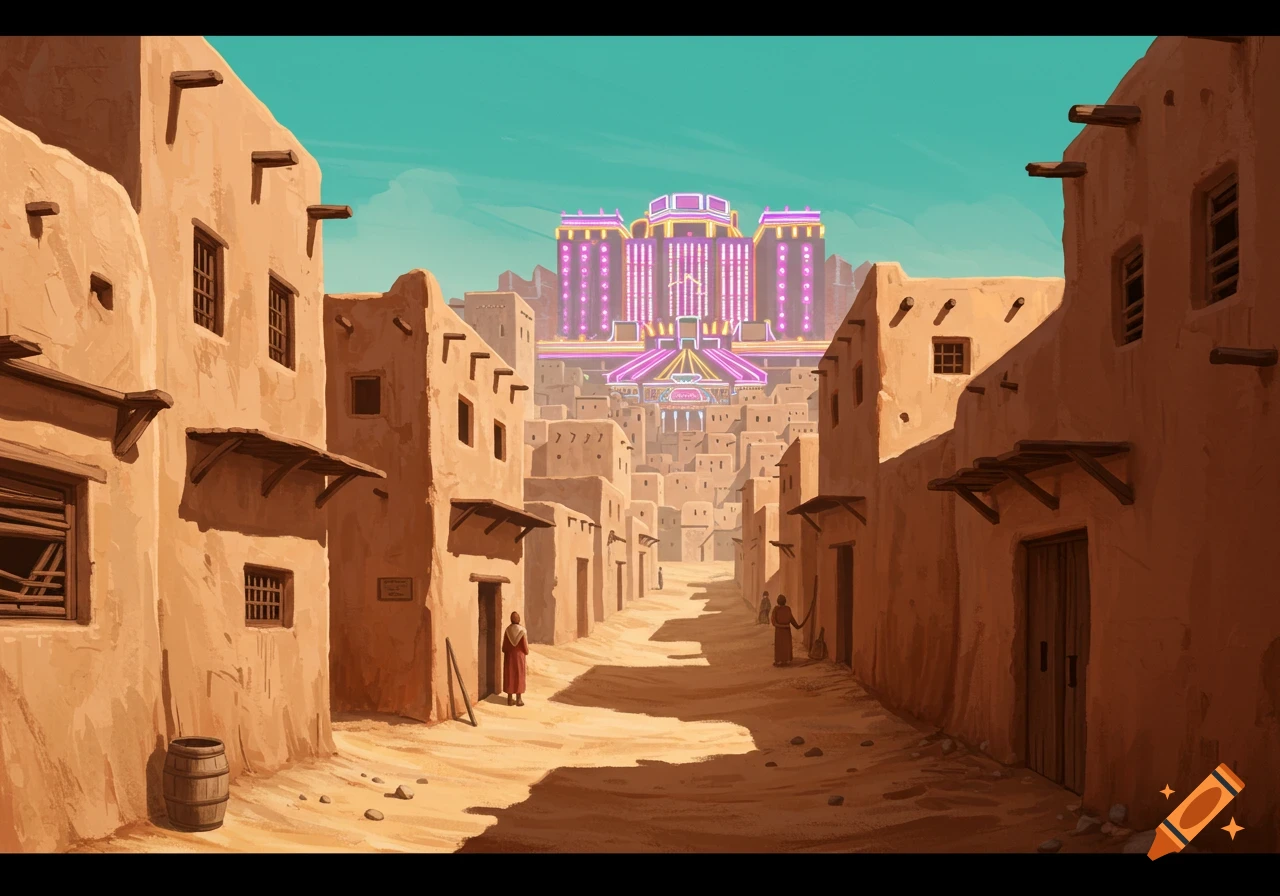 Illustrated desert village alleyway leading to a vibrant, neon-lit futuristic casino building under a teal sky.