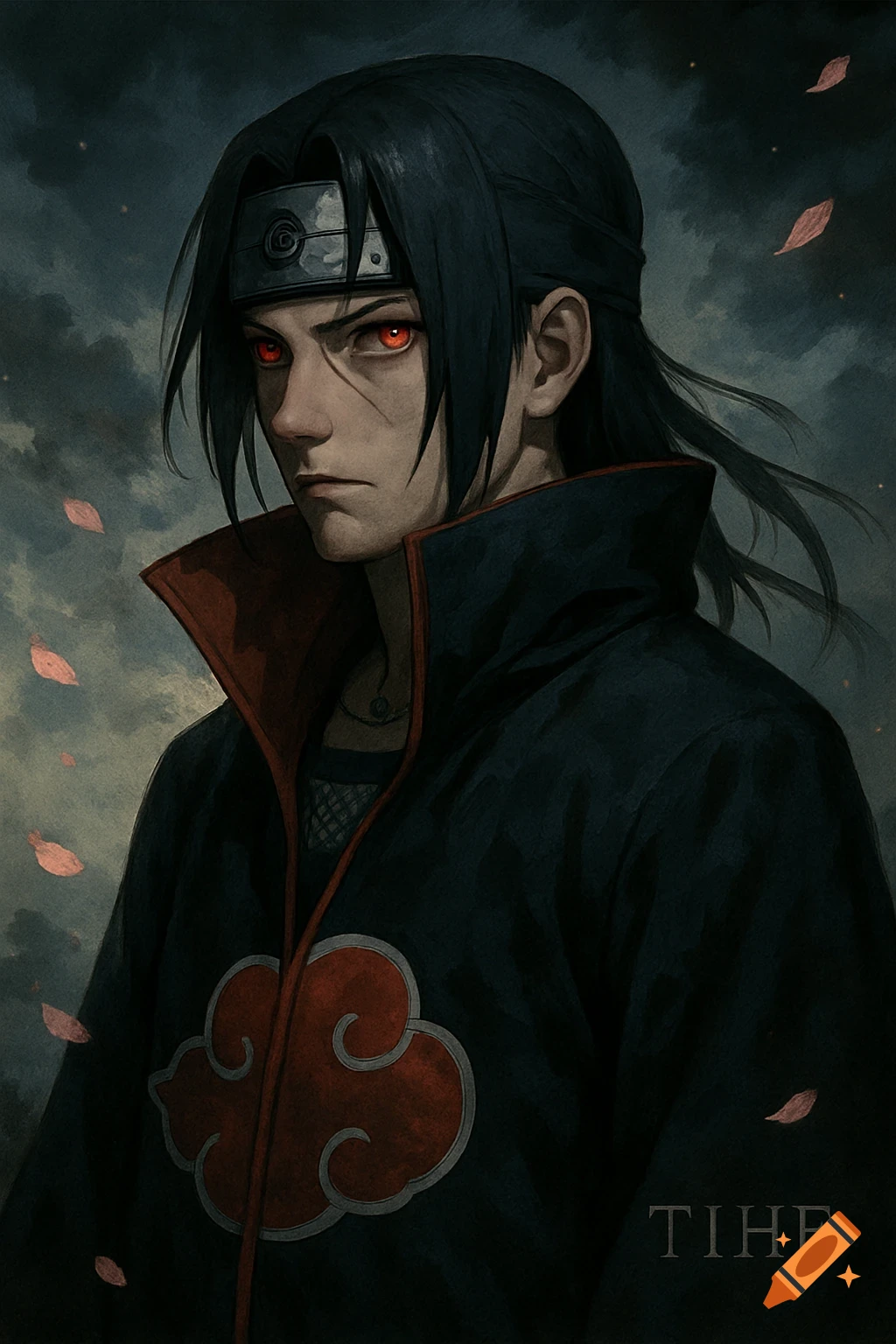 A dark fantasy art portrait of Itachi Uchiha from Naruto, featuring red eyes, black hair, and an Akatsuki cloak against a stormy sky.