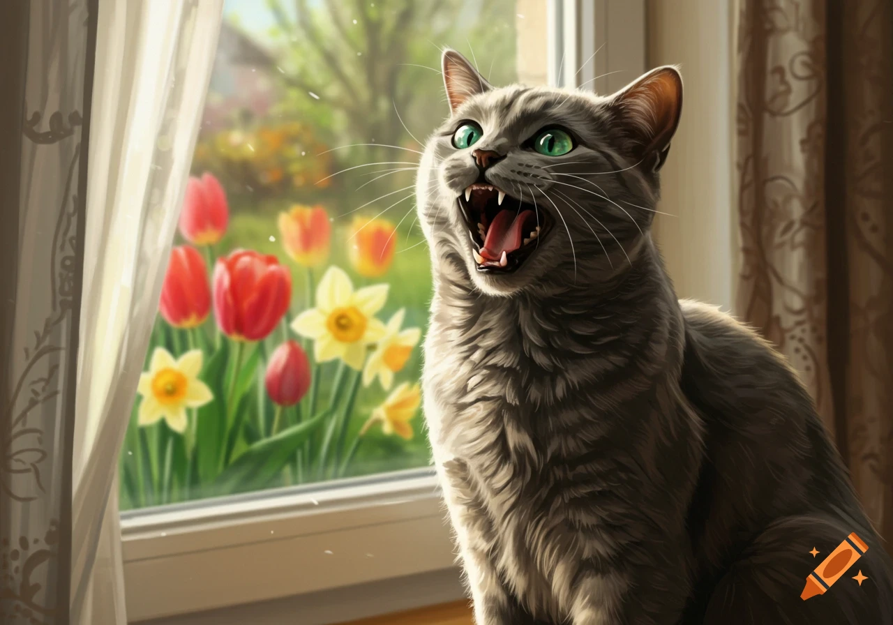 A grey cat with bright green eyes yawns widely, mouth open, by a window overlooking a garden with red tulips and yellow daffodils.
