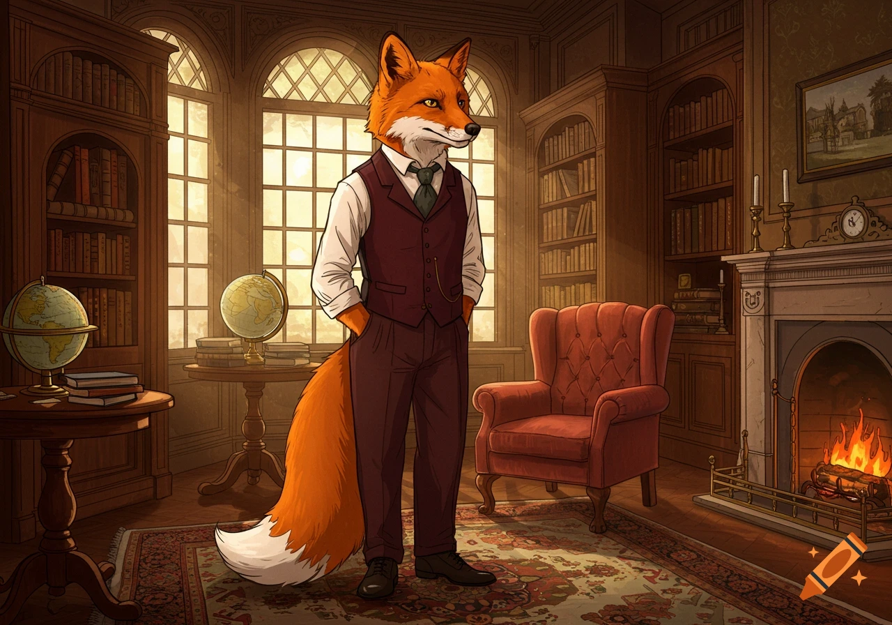 An anthropomorphic fox in a suit stands in a richly decorated study with bookshelves, globes, and a fireplace.