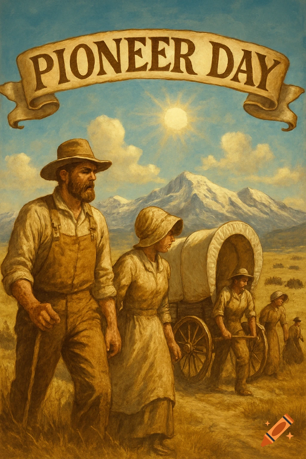 A painted illustration of a male and female pioneer walking with a covered wagon, snow-capped mountains in the background, and a banner reading "PIONEER DAY" in the sky.