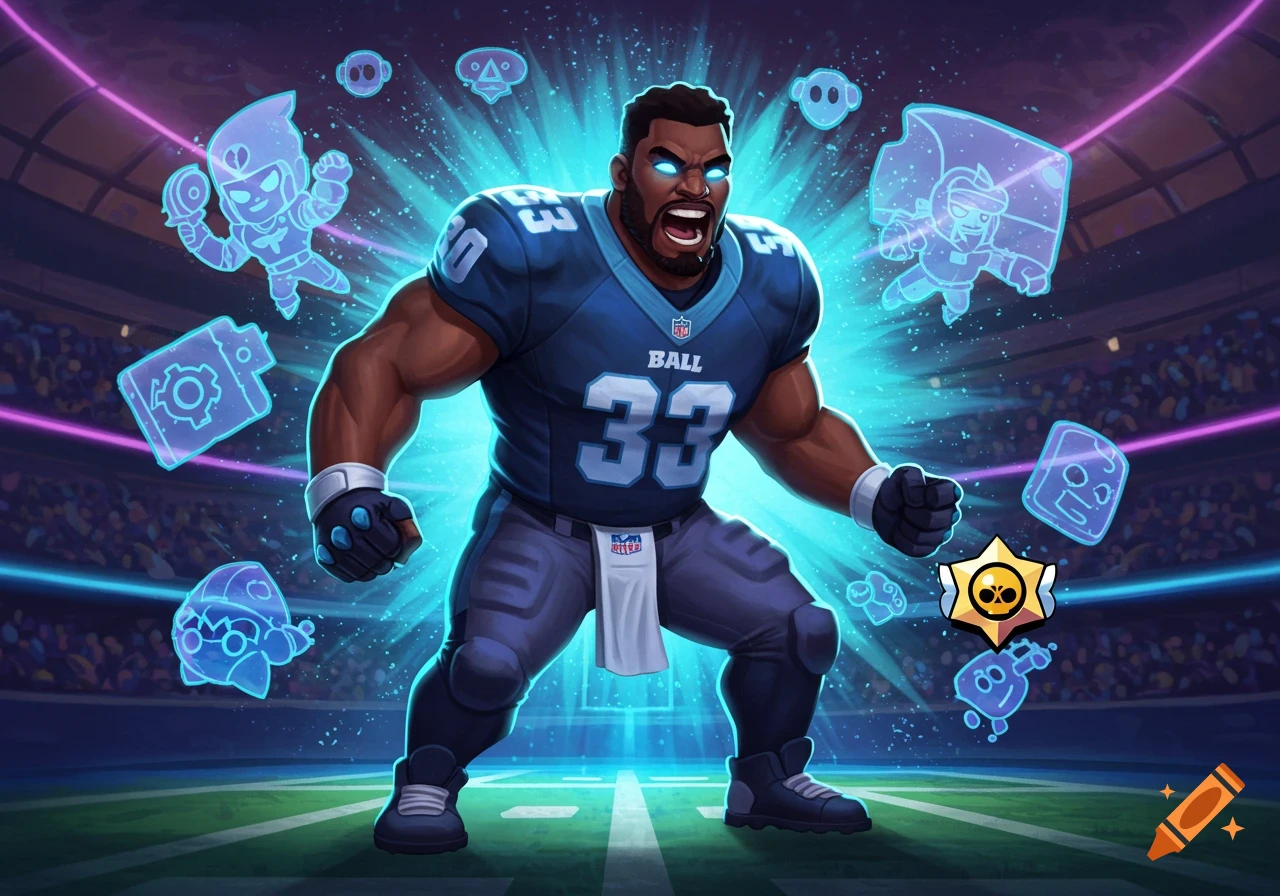 A muscular Black football player in a blue uniform on a field, roaring with glowing blue eyes, surrounded by holographic Brawl Stars characters and symbols.