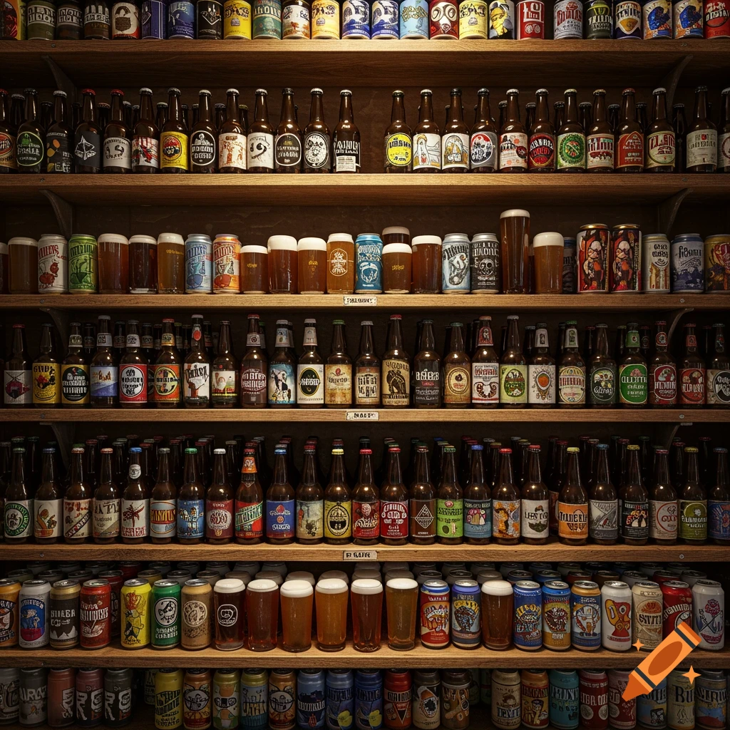 A full, well-lit view of shelves packed with various beer bottles, cans, and glasses of poured beer, creating a detailed and organized display.