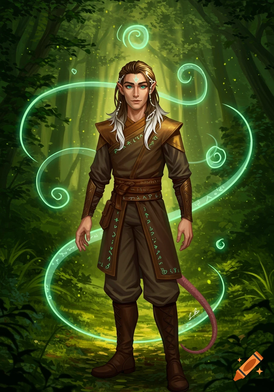 A male fantasy character with long brown hair, white highlights, pointed ears, and a pink rat tail stands in a forest, surrounded by swirling green magic and runes.