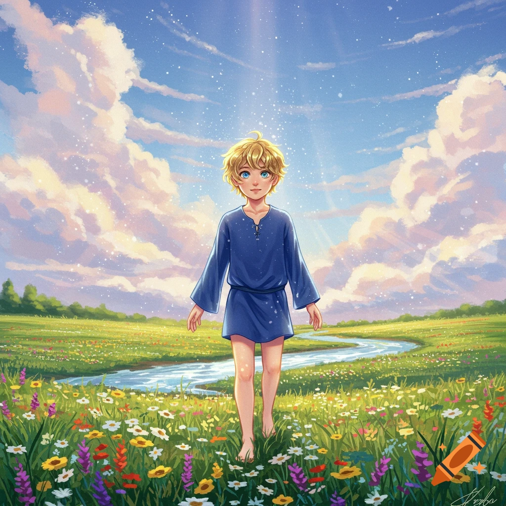 An anime illustration of a young blond boy in a blue tunic, walking barefoot through a vibrant wildflower field under a sparkling sky.