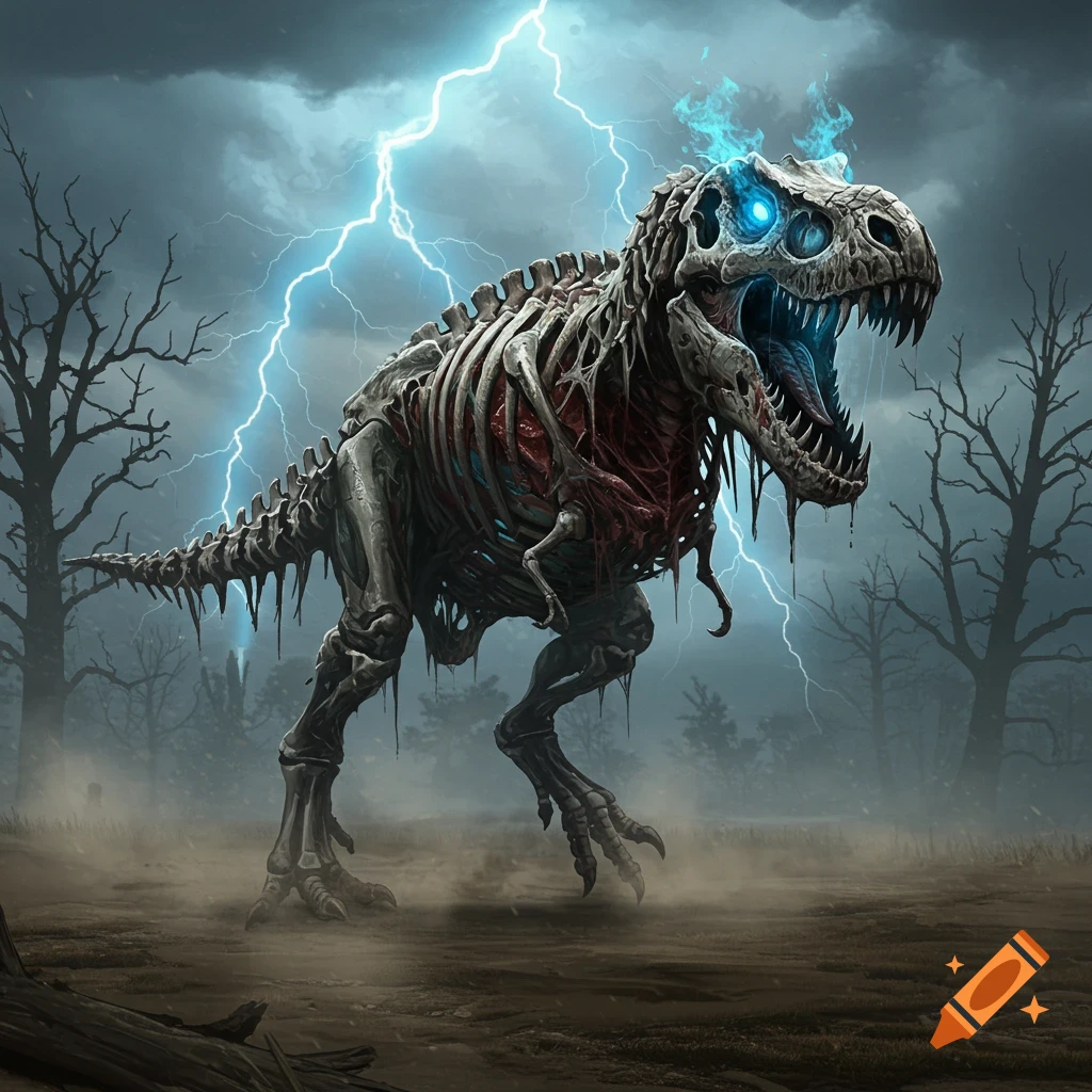 A skeletal undead T-Rex with glowing blue eyes and flames on its head stands amidst a lightning storm in a barren landscape with dead trees.