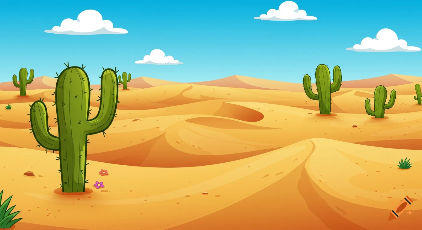 A cartoon desert landscape with sand dunes and green saguaro cacti under a blue sky with white clouds.