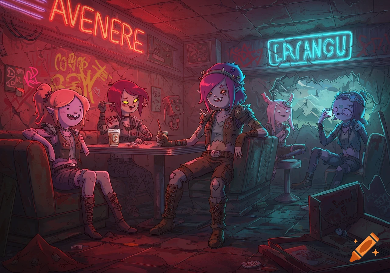 Five stylized female raiders in a derelict diner, lit by red and blue neon signs, in the art style of Adventure Time.