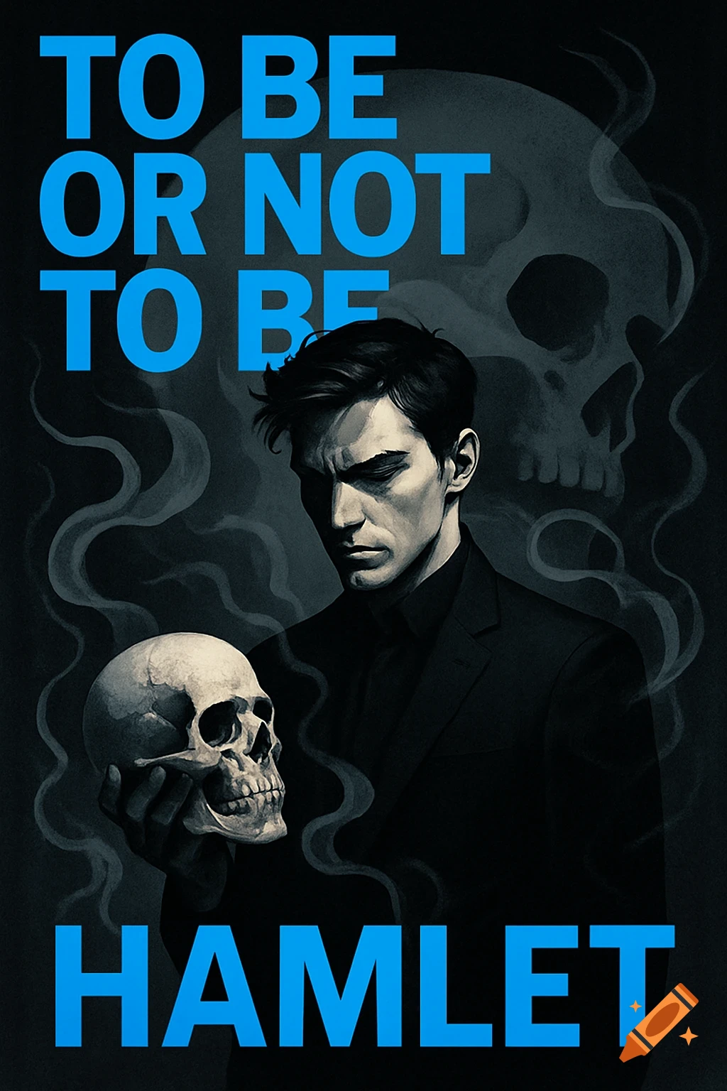 Dramatic poster of Hamlet holding a skull, with 'TO BE OR NOT TO BE' and 'HAMLET' text. Dark, illustrative style.
