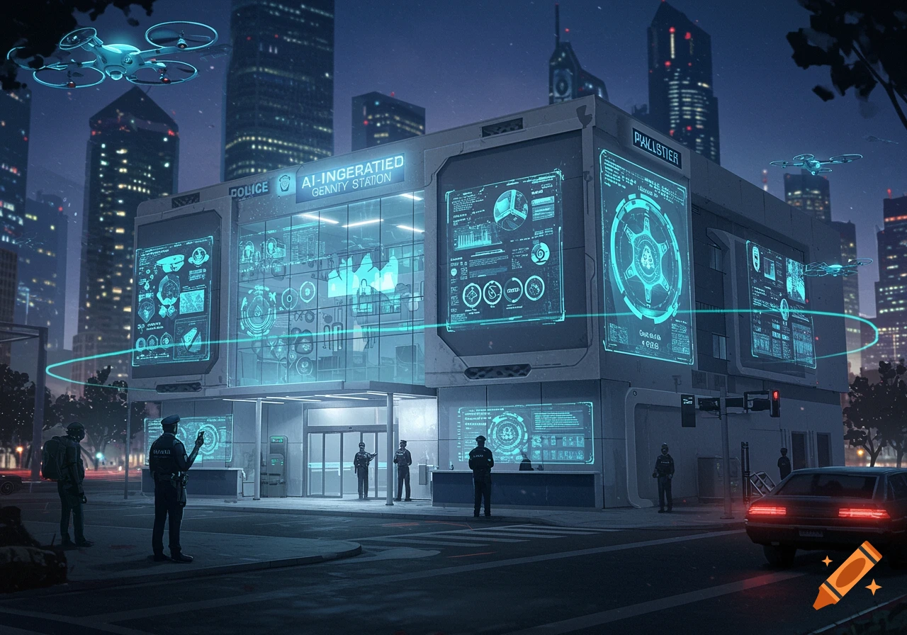 A futuristic police station glows with neon blue lights and screens at night in a city, with drones flying overhead and police officers on the street.