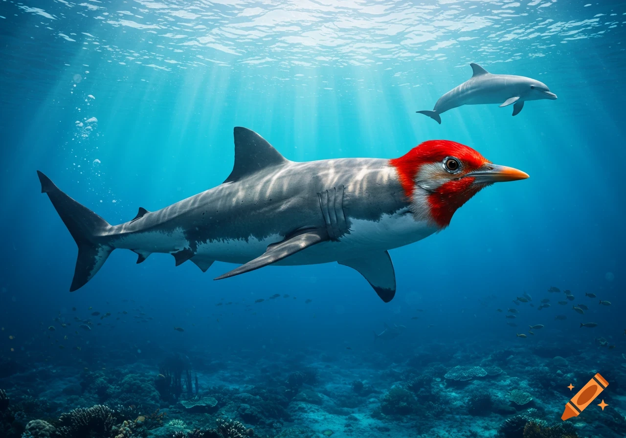 A red-headed woodpecker-shark hybrid swims underwater with a dolphin in the background and sunlight dappling the surface.