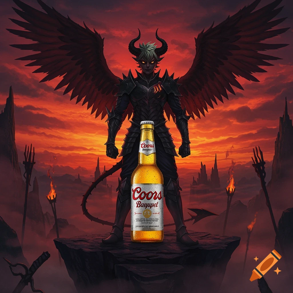 A devil-like character with black wings and horns stands on a rocky outcrop in a hellish landscape with a large Coors Banquet beer bottle in front of them.