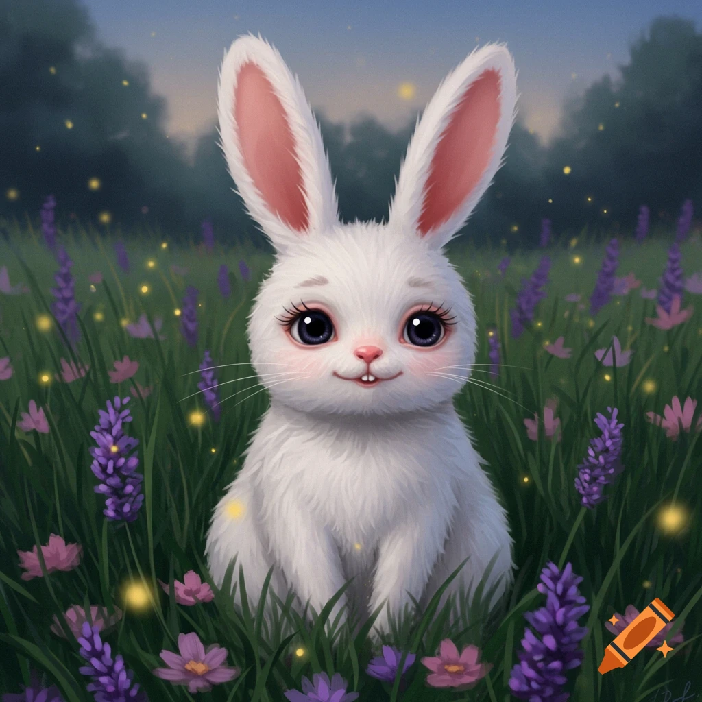 A fluffy white bunny with large dark eyes and a small mouth sits among purple and pink flowers in a field with glowing fireflies at twilight.