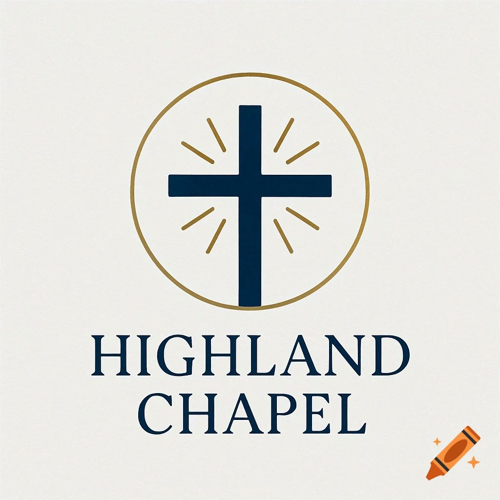 A logo for Highland Chapel featuring a dark blue cross inside a gold circle with light rays, above the text 'HIGHLAND CHAPEL'.