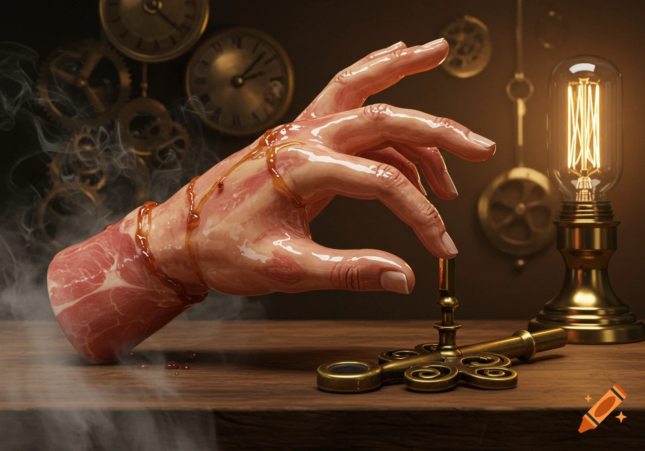 A surreal hand, made partly of ham and coated in a glossy substance, touches a brass Morse code key on a wooden table. Steampunk gears and an Edison bulb glow in the background.
