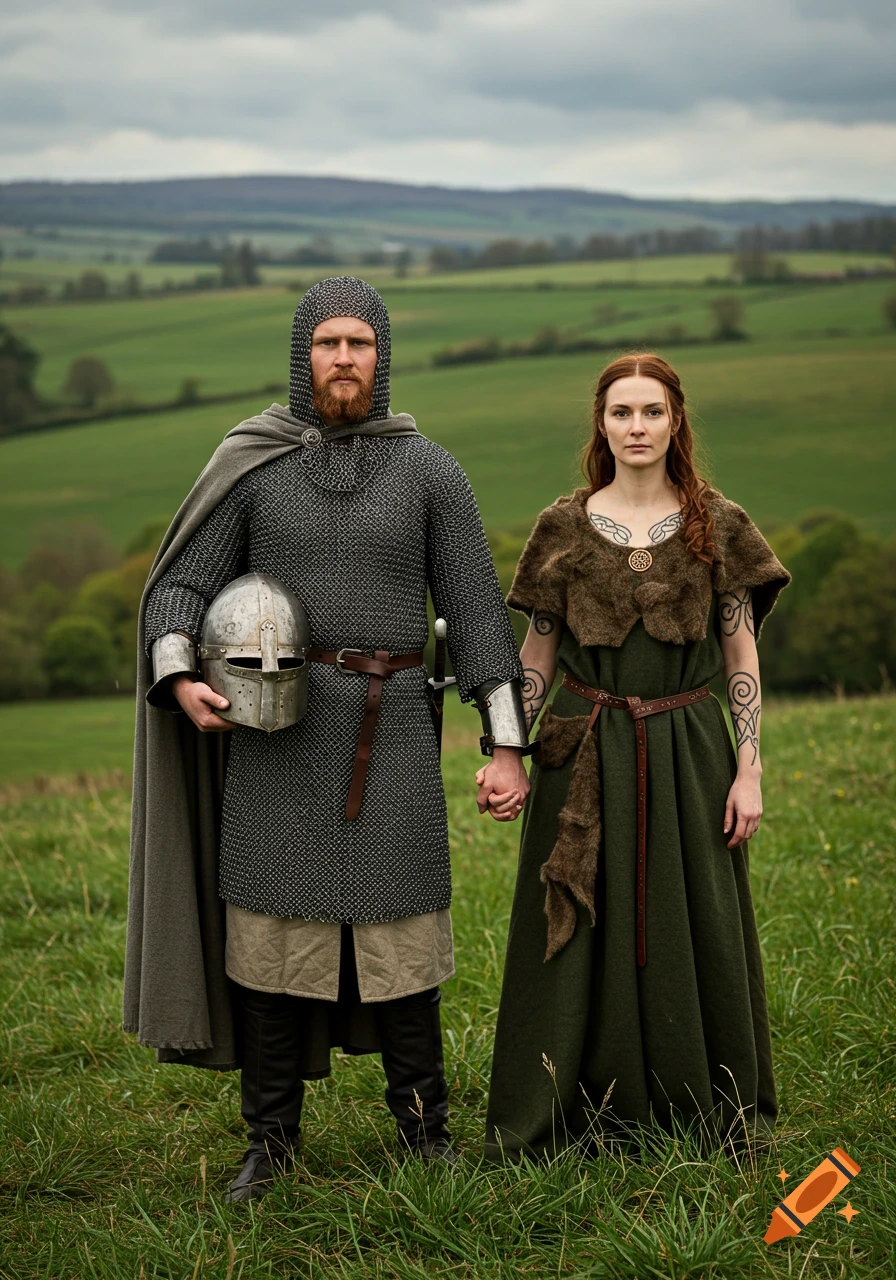 A Norman knight in chainmail and a Celtic barbarian woman in a green dress and fur hold hands in a grassy field.