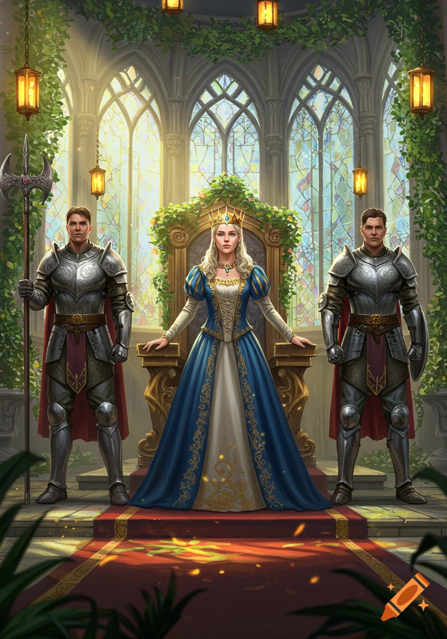 A queen on a throne flanked by two armored guards in a castle throne room with stained glass windows.