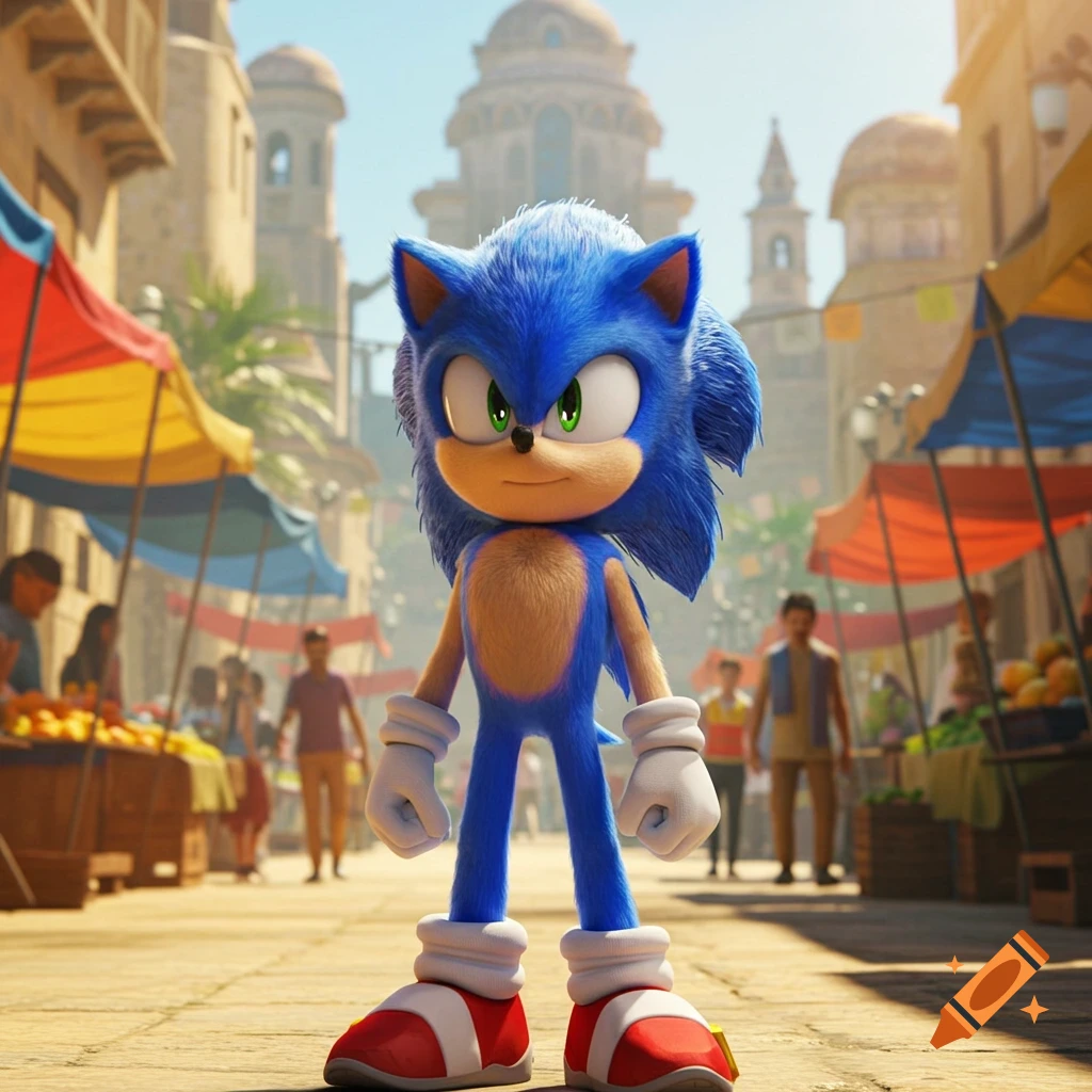Sonic the Hedgehog stands in a busy, sunlit market street with architectural buildings in the background.