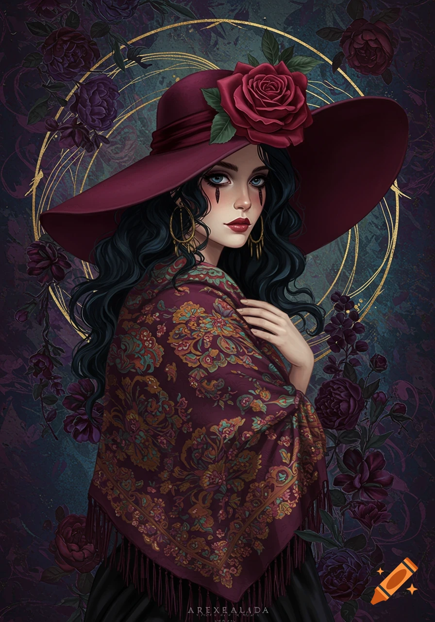 An illustration of a woman in a large red hat with a rose, patterned shawl, and dark flowing hair, amidst dark flowers and golden swirls.