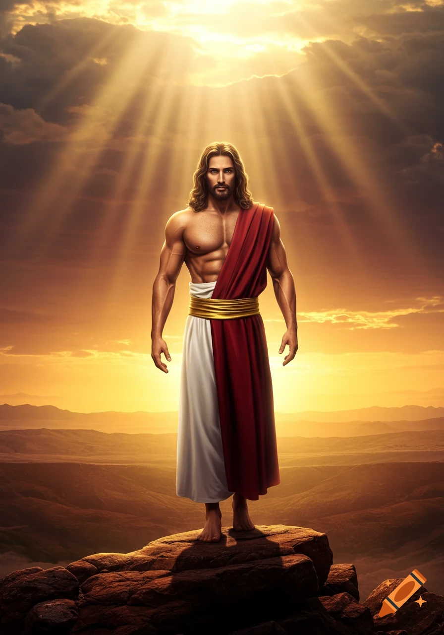 A muscular Jesus Christ stands on a rock, bathed in golden light rays from a dramatic sky over a vast landscape.