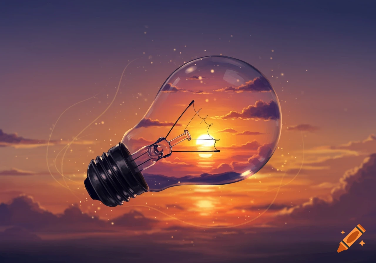 A vibrant sunset with orange and purple clouds is captured inside a clear glass lightbulb, floating against a dreamy twilight sky.