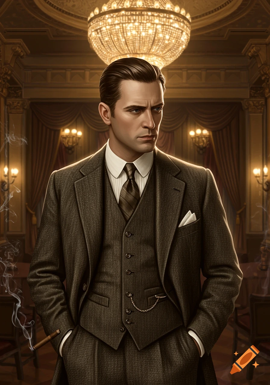 Photorealistic portrait of a dapper man in a brown 1920s-style suit smoking a cigar in a luxurious, dimly lit room.