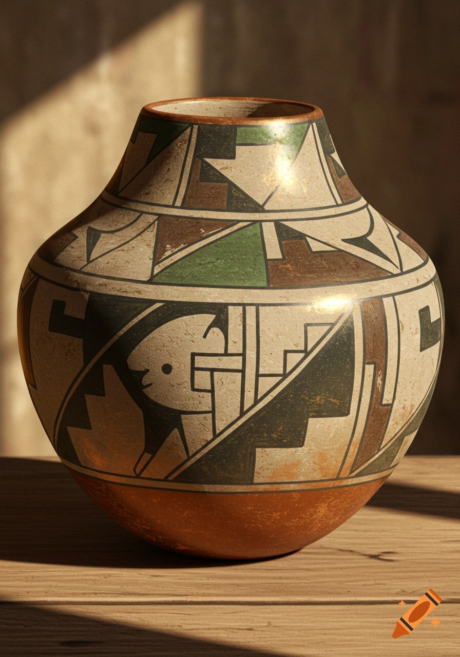 A close-up of a decorative pottery vase with geometric patterns in earthy tones on a wooden surface, lit by sunlight.