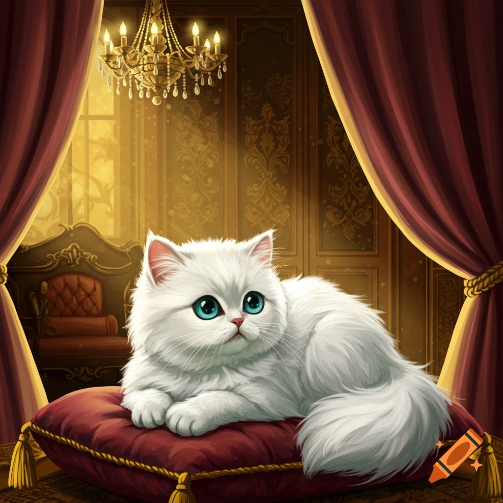 A fluffy white cat with large blue eyes lies on a red velvet pillow in a luxurious room with gold curtains and a chandelier.