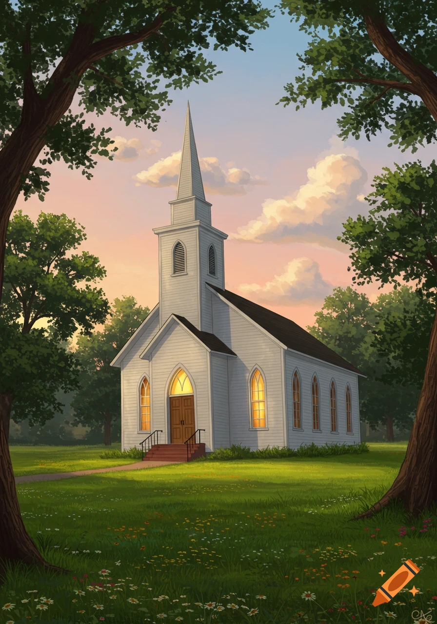 A white church with a tall steeple stands in a green field surrounded by trees under a pastel sunset sky.