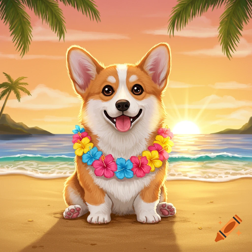 A happy cartoon corgi wearing a colorful lei on a sandy beach at sunset.
