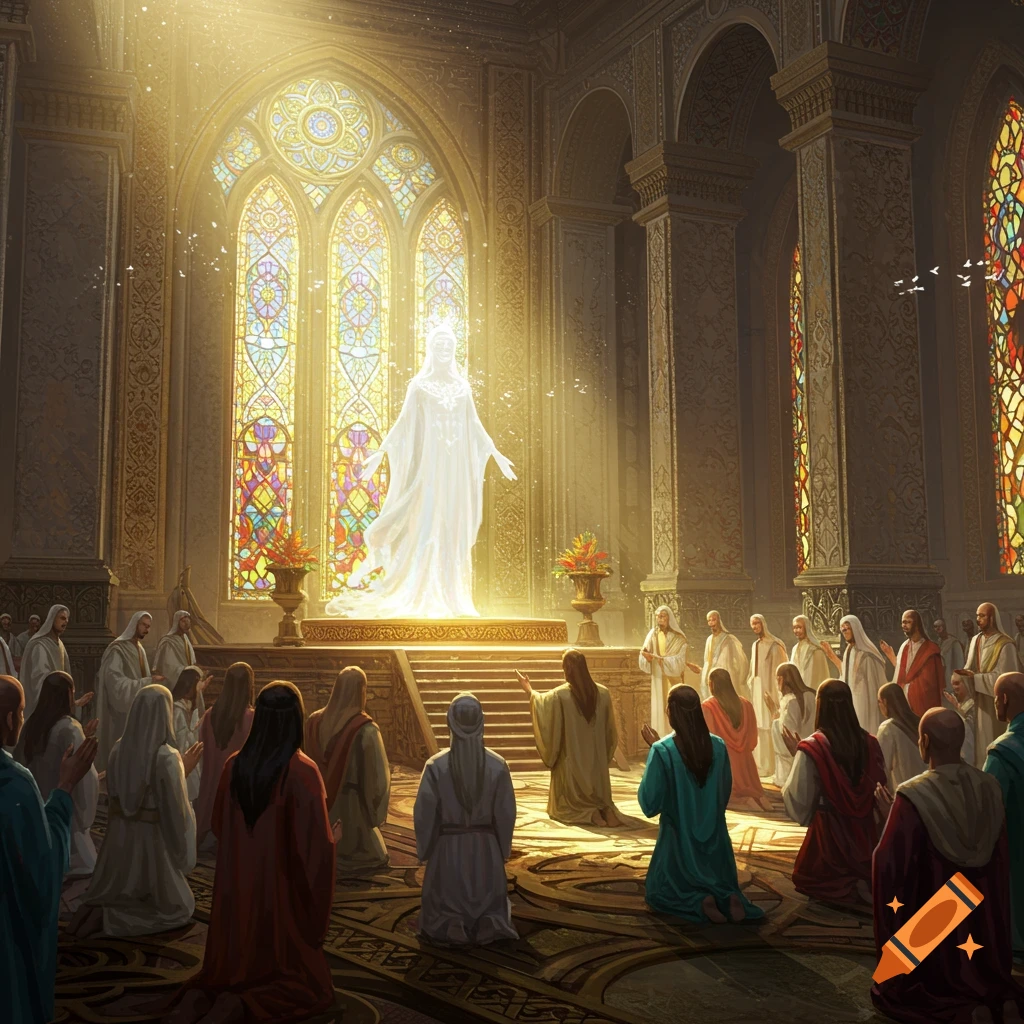 A glowing, ethereal figure stands on a raised platform in a grand, sunlit hall with stained glass windows, as a crowd of people kneel and worship.