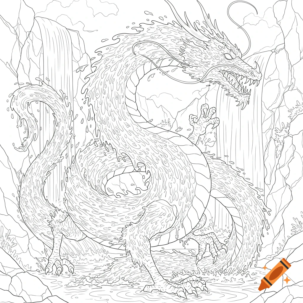 A line art coloring page showing a large water dragon roaring amidst rocky waterfalls.