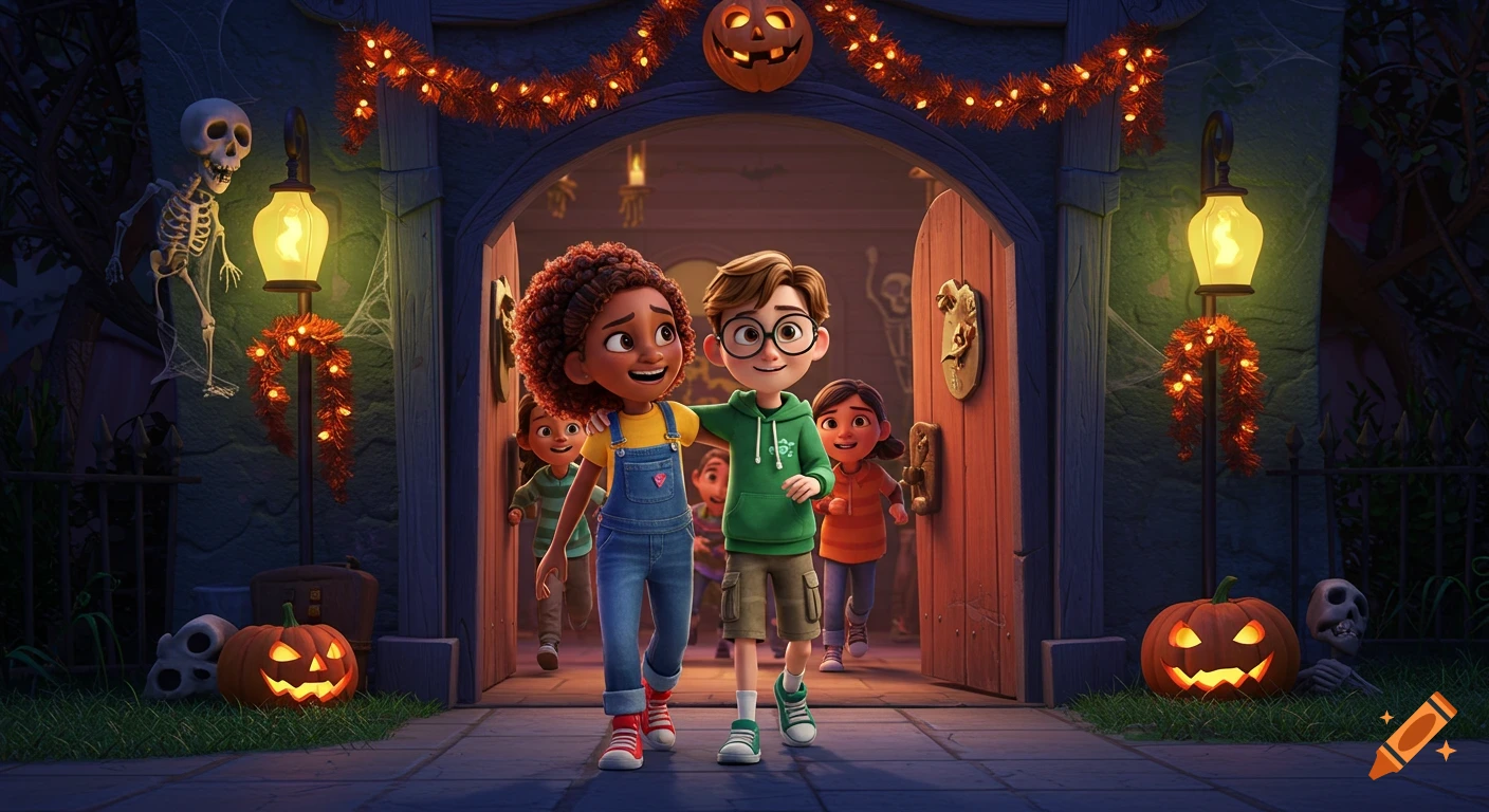 Two cheerful kids walk into a Halloween-decorated haunted house with pumpkins and skeletons in a Disney Pixar style.