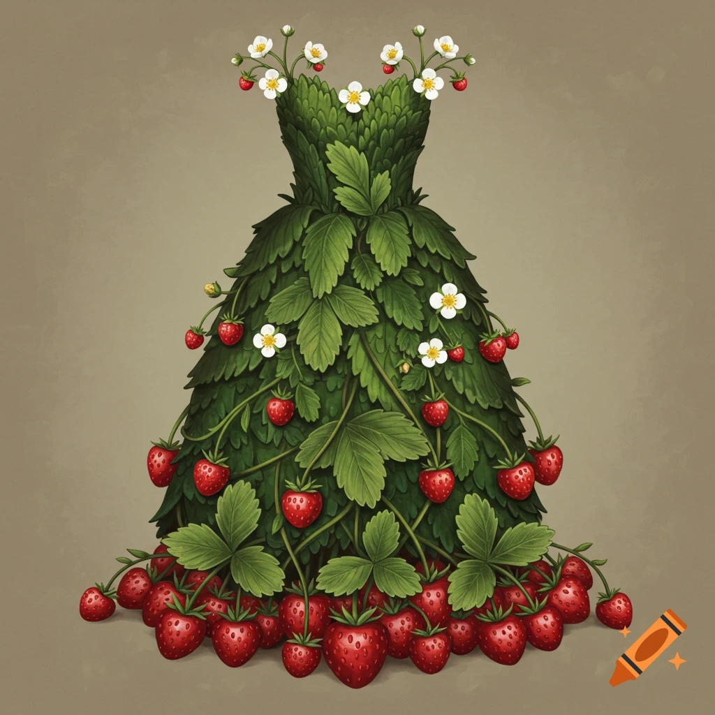 A stylized illustration of a dress made of green strawberry leaves, white blooms, and red strawberries.